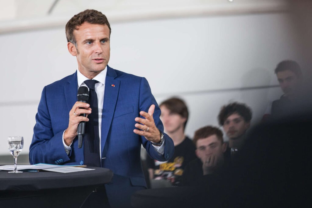 The President of the French Republic Emmanuel Macron visit the Tabarly high school in Les Sables d Olonne on Tuesday 13 September 2022 to discuss vocational education. Photo by Karine Le Ouay/ABACAPRESS.COM | France